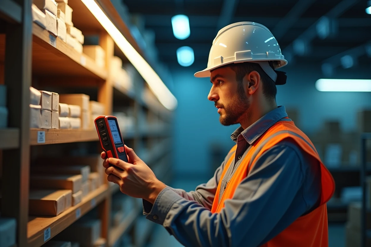 Técnico midiendo iluminación en interior de almacén con luxómetro